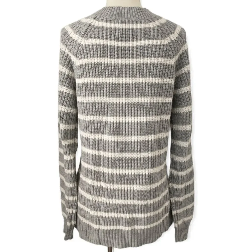 SO Fisherman Sweater M Striped Chunky Lace Up Shoulder Cozy Gray‎ White Relaxed